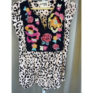 Savanna Jane Embroidered Leopard Print Boho Top Small
